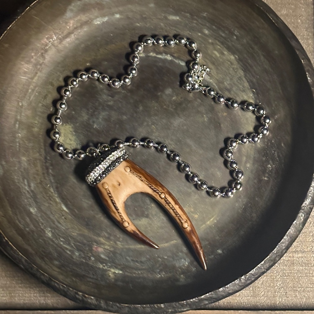 Unique Horn Pave Crystals Silver Ball Chain 18" Chain Pendant Necklace